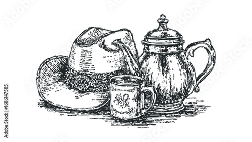 Hand-drawn sketch of a cowboy hat and coffee pot with mug. Vector hand drawn illustration