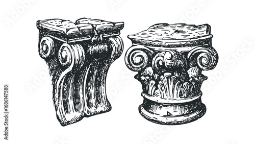 Sketch of damaged ancient Ionic column capital and broken shaft sections. Vector hand drawn illustration