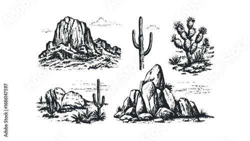 Collection of Desert Landscapes with Cacti and Mountains in Sketch Style. Vector hand drawn illustration