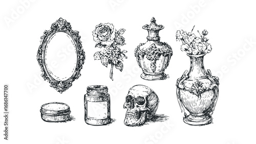 Sketch of ornate vintage objects including a skull, roses, vases, and a jar. Vector hand drawn illustration