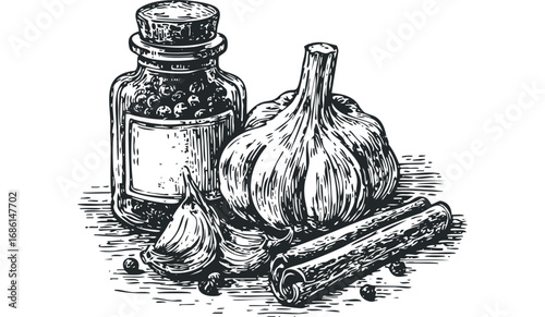 Black and white sketch of garlic bulbs, peppercorns in a bottle, and cinnamon sticks. Vector hand drawn illustration