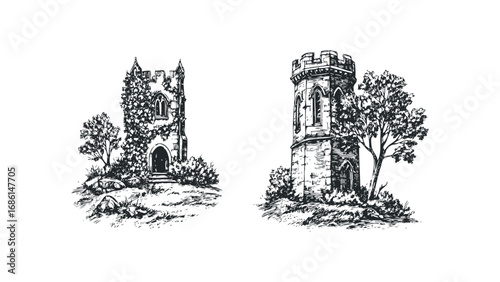 Sketchy Ancient Tower with Overgrowth and Trees on Transparent Background. Vector hand drawn illustration