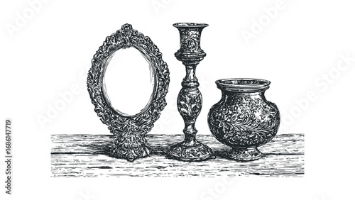 Ornate oval mirror and decorative vessel on a wooden surface. Vector hand drawn illustration