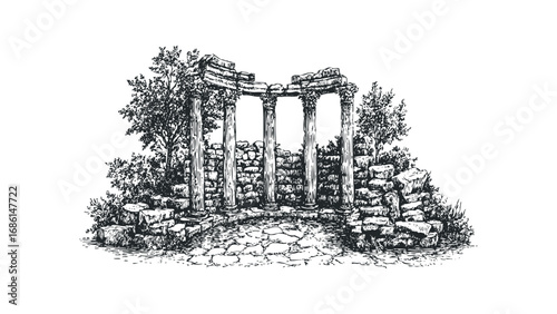 Ancient Greek temple ruins with columns and stone walls sketch. Vector hand drawn illustration