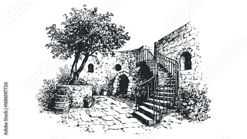 Old Stone Courtyard with Spiral Staircase and Mature Tree. Vector hand drawn illustration