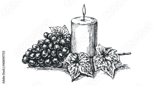Engraved Candle with Grapes and Grape Leaves. Vector hand drawn illustration