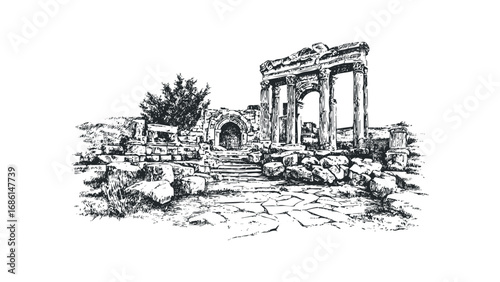 Sketch of ancient stone ruins with archway and columns on transparent background. Vector hand drawn illustration