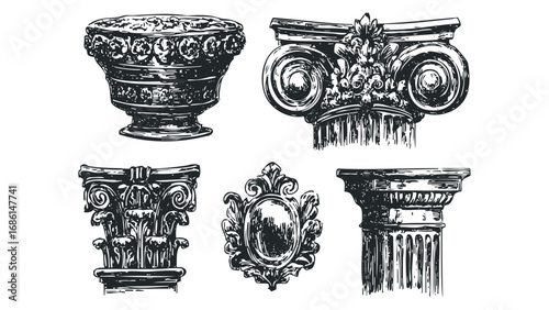 Collection of Vintage Architectural Elements including Capitals and Ornate Vase. Vector hand drawn illustration