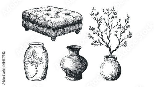 Hand drawn sketch of ottoman and decorative vases with floral elements. Vector hand drawn illustration
