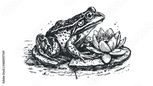 Detailed sketch of a frog sitting on a lily pad with a water lily flower and a dragonfly. Vector hand drawn illustration