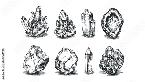 Collection of diverse crystalline mineral formations with rough rock bases. Vector hand drawn illustration