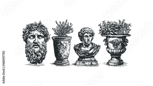 Line drawing of ancient Greek busts and ornate planters with foliage. Vector hand drawn illustration