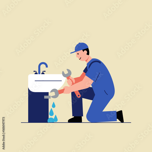 A plumber fixing a sink with tools, addressing a leak.