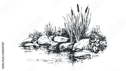 Hand drawn water plant and rocks by the water edge. Vector hand drawn illustration