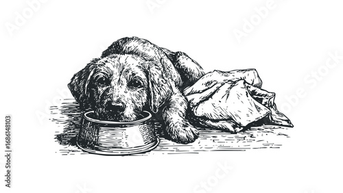 Sketchy Doodle of a Tired Dog Resting by an Empty Bowl. Vector hand drawn illustration