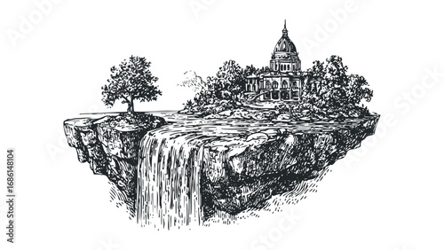 Floating island with waterfall and historic building sketch. Vector hand drawn illustration