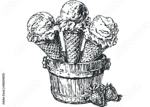 Three ice cream cones in a wooden bucket with strawberries. Vector hand drawn illustration
