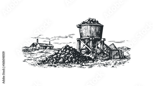 Black and white sketch of a vintage coal mine with a loading chute and storage buildings. Vector hand drawn illustration