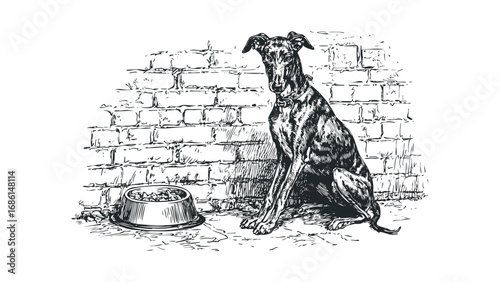 Sketch of a Greyhound dog sitting next to a food bowl with a brick wall. Vector hand drawn illustration
