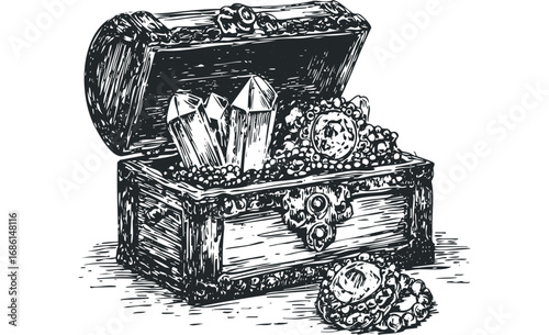 Antique treasure chest overflowing with crystals and jewelry. Vector hand drawn illustration