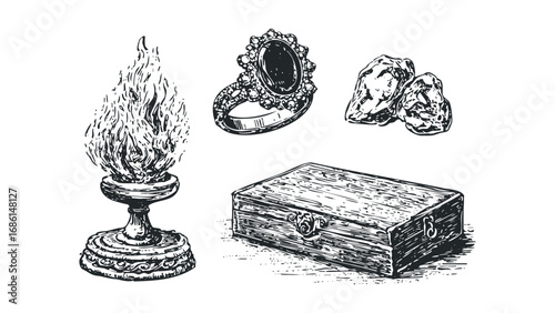 Vintage ring, burning lamp, gemstones, and treasure chest illustration. Vector hand drawn illustration