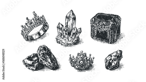 Vintage illustration of royal regalia and raw stones. Vector hand drawn illustration