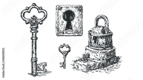 Antique Skeleton Keys and Padlock with Keyhole Engraved on Textured Stone. Vector hand drawn illustration