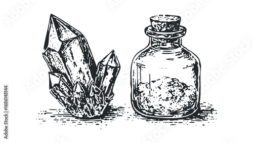 Hand drawn sketch of rough crystals and substance in a glass bottle with cork stopper. Vector hand drawn illustration