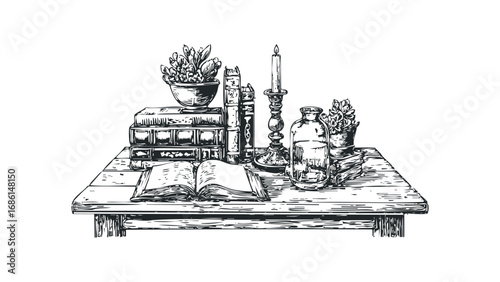 Vintage still life drawing of an open book, candle, and potted plants on a wooden table. Vector hand drawn illustration