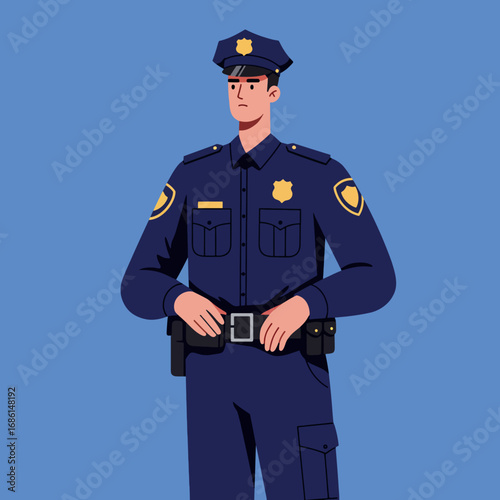 An illustration of a police officer in uniform, standing confidently with a serious expression.