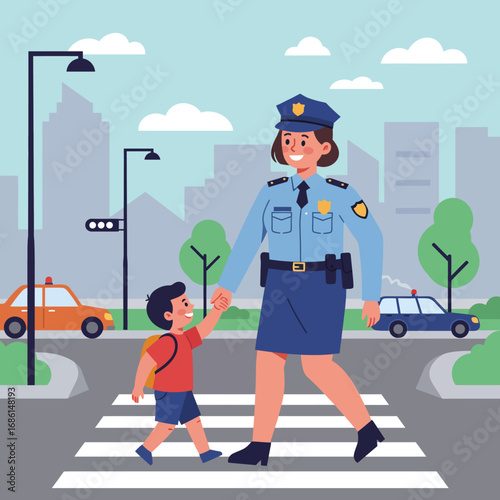 A police officer helps a child cross the street safely in an urban setting.