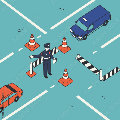 A police officer directing traffic at a roadblock with cones and barriers.