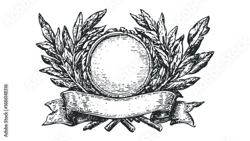 Heraldic Oval Frame with Laurel Wreath and Ribbon for Text. Vector hand drawn illustration