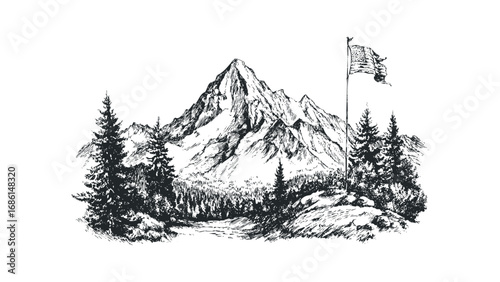 Hand Drawn Sketch of Waving Flag on Mountain Peak Amidst Pine Trees. Vector hand drawn illustration