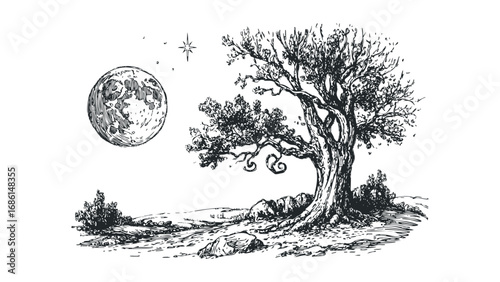Detailed sketch of a large, gnarled tree with a prominent full moon and star in the sky. Vector hand drawn illustration