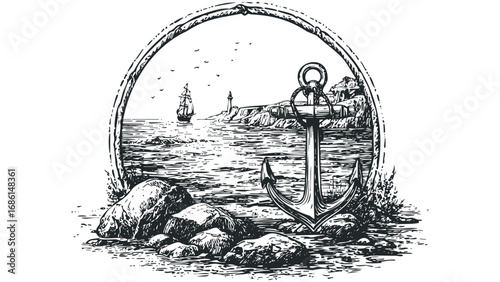 Maritime scene with anchor, sailing ship, and lighthouse on rocky coastline. Vector hand drawn illustration