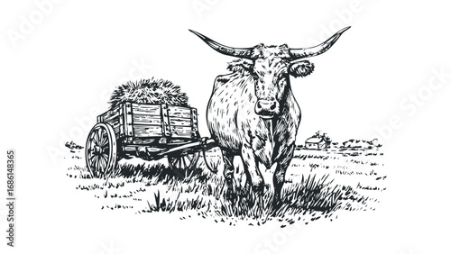 Longhorn cattle with full hay cart by vintage farmhouse in sketchy linework. Vector hand drawn illustration