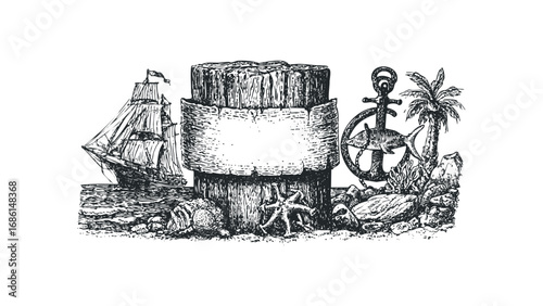 Vintage nautical scene with sailing ship, anchor, and tropical elements. Vector hand drawn illustration