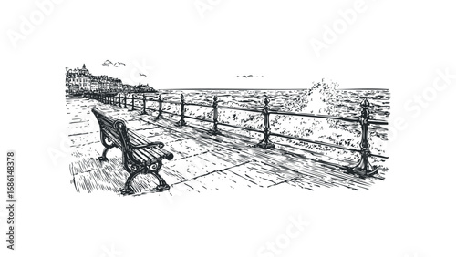 Sketch of a seaside promenade with an empty bench and crashing waves. Vector hand drawn illustration