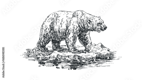 Hand drawn sketch of a polar bear walking on an ice floe over water. Vector hand drawn illustration