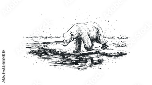 Sketch of a Polar Bear Walking on Ice Floes Near Water. Vector hand drawn illustration