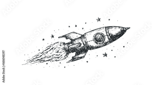 Sketchy Rocket Blasting Off with Stars and Fiery Trail. Vector hand drawn illustration