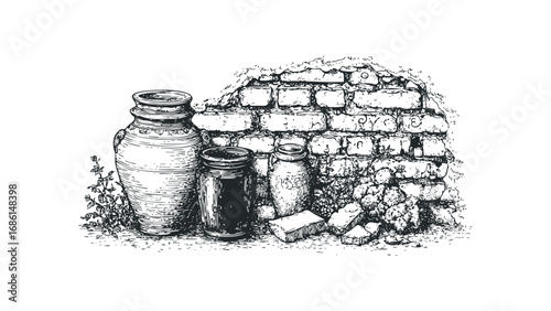 Vintage pottery and jars beside an old brick wall illustration. Vector hand drawn illustration