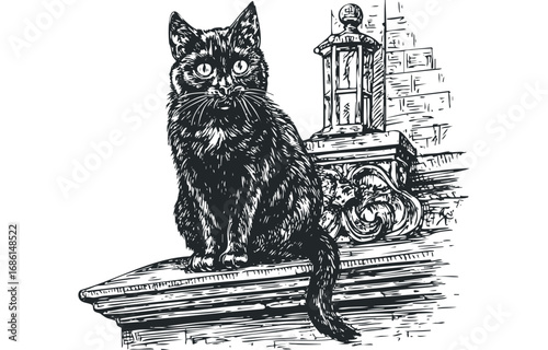 Detailed pen and ink sketch of a black cat sitting on a textured surface near a gothic-style lamp post. Vector hand drawn illustration