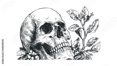 Detailed Hand Drawn Skull and Berry Branch on White. Vector hand drawn illustration
