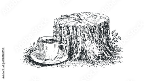 Sketch of a Coffee Cup Beside a Tree Stump in Grassy Terrain. Vector hand drawn illustration