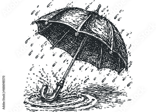 Sketch of Umbrella in Rain Splashing in Puddle. Vector hand drawn illustration