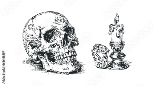 Detailed vintage skull and lit candle on ornate candlestick. Vector hand drawn illustration