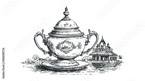 Ornate handled ornate bowl on a saucer with a docked boat and foliage. Vector hand drawn illustration