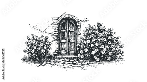 Vintage arched wooden door with blooming roses and cobblestone path sketch. Vector hand drawn illustration